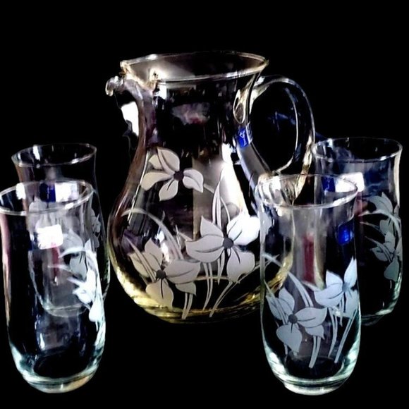 Vintage Set NWT Handblown Turkish Glass Pitcher and Four Drinking Glasses Floral - Picture 1 of 9